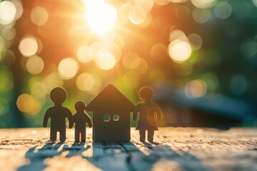 A silhouette of a family with a house against a golden sunset, symbolizing warmth, unity, and a sense of home, evoking strong feelings of belonging and love.