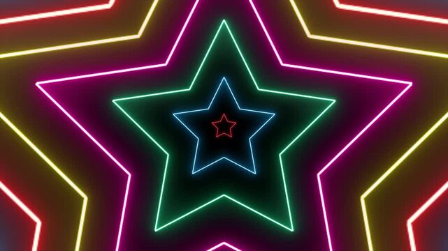 Multicolor star neon background, for holiday celebration party. Seamless loop, 4k animation.