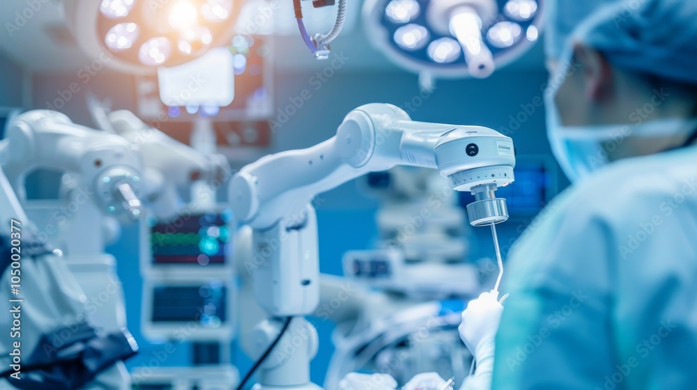 Leinwandbilder A high-tech image of a robotic surgical system performing an operation with detailed visuals of the surgical tools, set against a sterile, modern operating room background