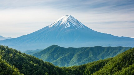 Scenic View of Mount Fuji Surrounded by Green Forests