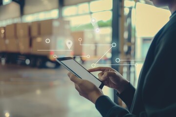 A person uses a tablet in a warehouse environment, emphasizing the integration of technology for efficient tracking and management of logistics and supply services.