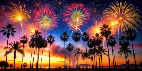 Stunning Palm Silhouette Against Blue and White Fireworks Display at Night, Captivating Sky Filled with Colorful Explosions, Ideal for Celebrations, Events, and Festivities