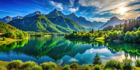 Obraz premium Stunning Pixel Domain Landscape with Vibrant Colors, Breathtaking Views, Nature's Beauty, Lush Greenery, Majestic Mountains, Serene Lakes, Digital Art Inspiration, Scenic Wilderness