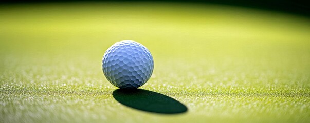 Close-up shot of a golf ball aligned for a perfect putt, shadow on green