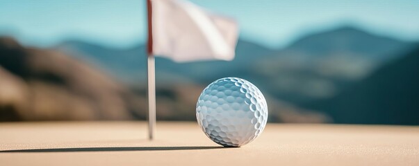Close-up shot of a golf ball's trajectory towards the flag, mountains in the background