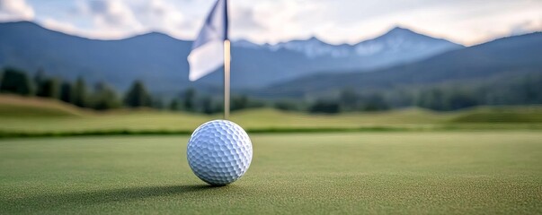 Close-up shot of a golf ball's trajectory towards the flag, mountains in the background