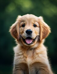 Portrait eines süßen, neugierigen Golden Retreiver Welpen vor einem grünen, unscharfen Hintergrund.