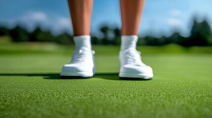 Obraz premium Female golfer aiming for a perfect putt, clean and clear background, accuracy focus