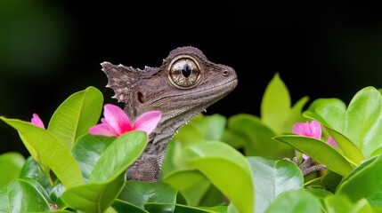 Obraz premium Close up of a Basilisk Lizard with Glowing Eyes in Lush Foliage