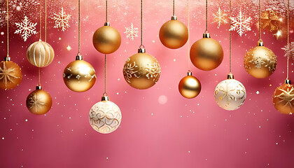 gold ornaments hang pink background christmas decorations festive objects snowy scene top