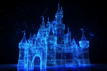 A stunning blue hologram of an intricate castle on a black background, showcasing innovative design and architectural brilliance in a mystical atmosphere, inviting imagination to explore