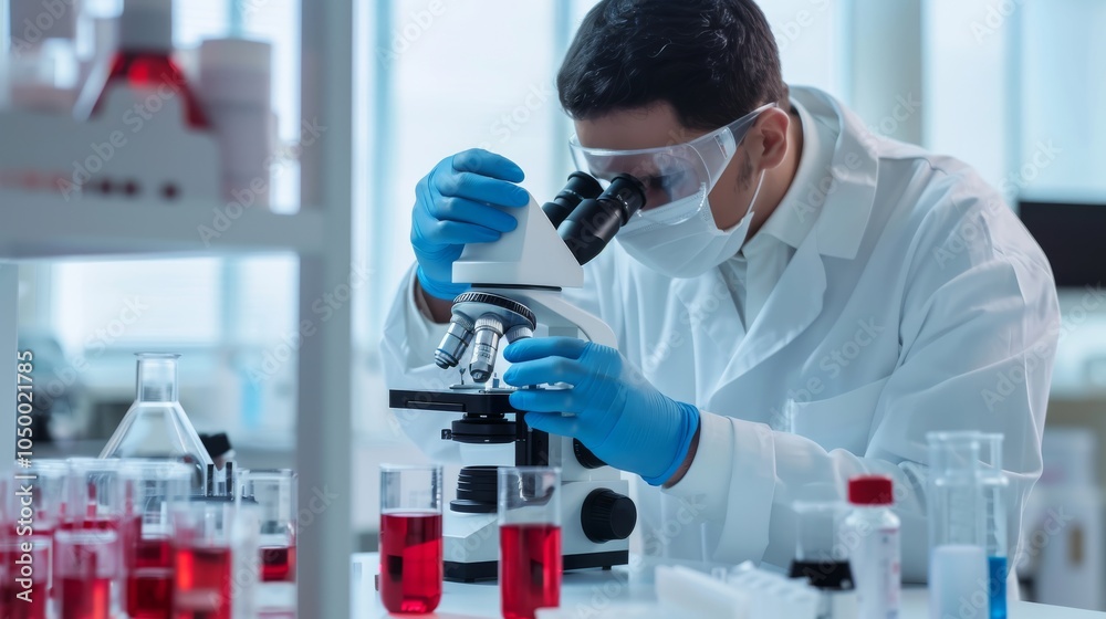 Poster a macro shot of a medical lab technician analyzing a blood sample under a microscope, set against a 