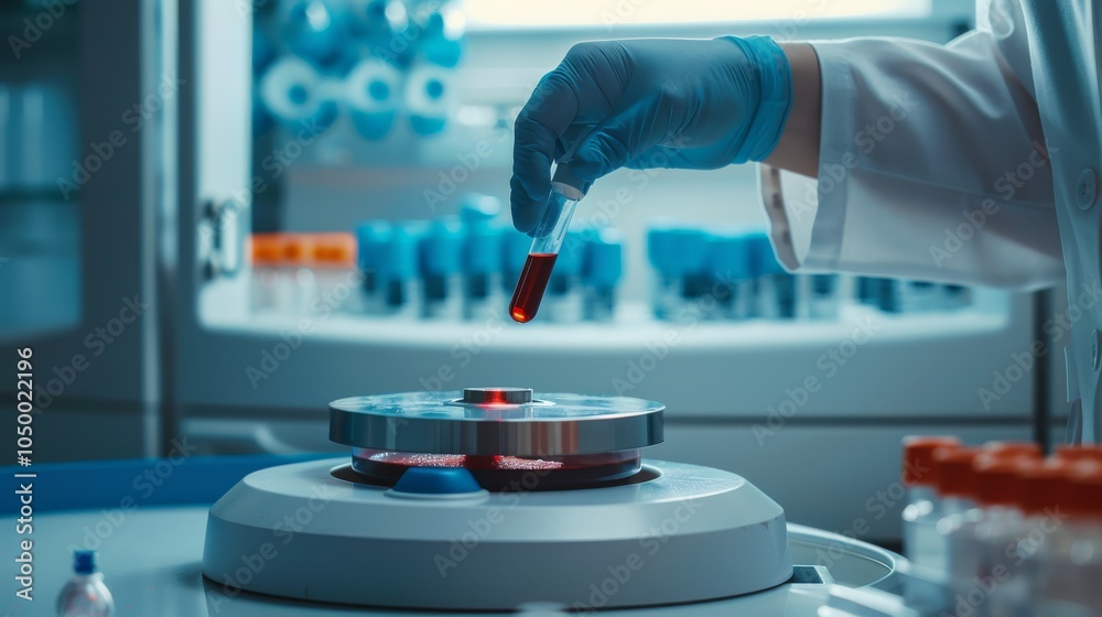 Poster a macro shot of a medical lab technician analyzing blood samples with a centrifuge in a clean, high-