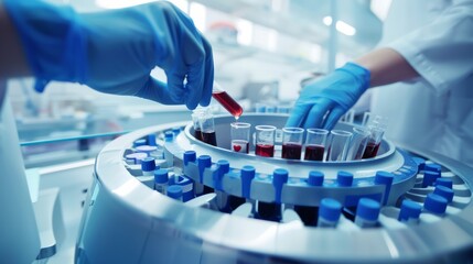 A macro shot of a medical lab technician analyzing blood samples with a centrifuge in a clean, high-tech lab, set against a bright and organized background