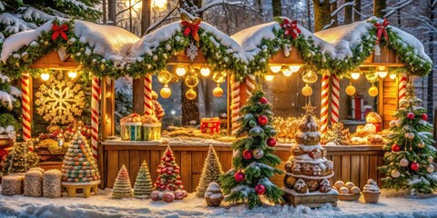 Fototapeta premium A winter wonderland scene with charming wooden kiosks decorated with festive greenery, twinkling lights, and snow-dusted ornaments.