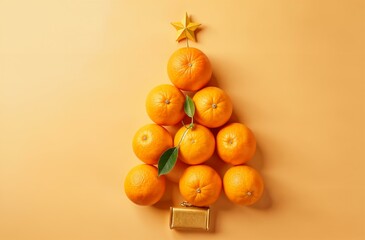 Oranges laid out in the shape of a Christmas tree with a  star. Delicious Christmas Oranges. New...