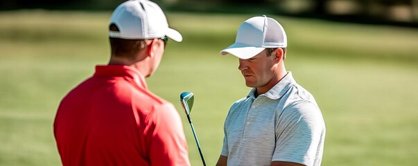 Golf instructor correcting student s posture for shot accuracy, sunny day on a practice green