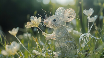 Obraz premium Wire Mouse Sculpture Holding a Flower in Meadow 