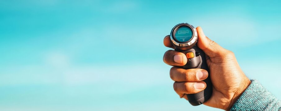 Golfer s hand adjusting a laser rangefinder for shot accuracy, blue sky overhead