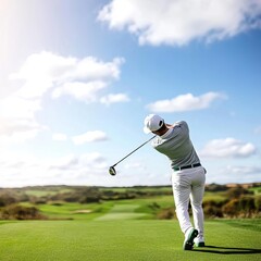 Golfer's perfect swing form on a sunny day, accuracy in motion, green hills visible