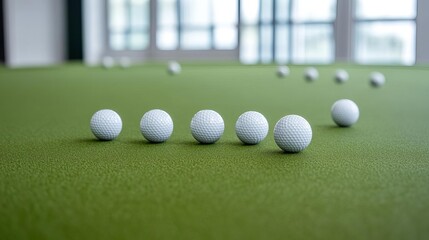 Perfect alignment on the putting green, multiple balls in a row, intense practice session