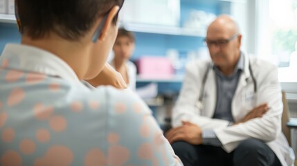 Obraz premium A medical professional discussing treatment options with a patient in an oncology ward, with medical charts and supportive family members in the background, macro shot