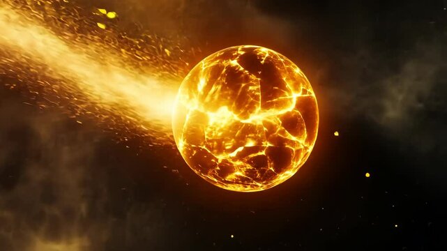 A burning planet explodes in space, sending fiery debris across the void