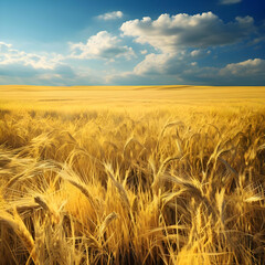 Naklejka premium golden yellow wheat field and summer sky background