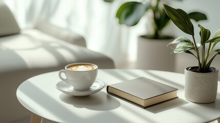 Picture of a coffee cup on a table with a book in a minimalist living room. Clean and comfortable, perfect for relaxing and starting a new day with morning sunlight.