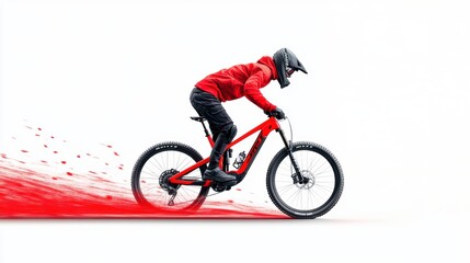 Naklejka premium Mountain biker in red outfit riding bike with red trail effect on white background