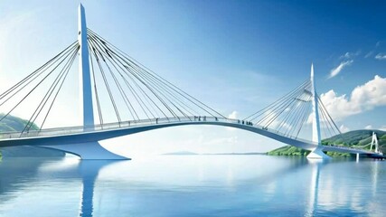 A modern cable-stayed bridge spanning a calm body of water under a clear blue sky.