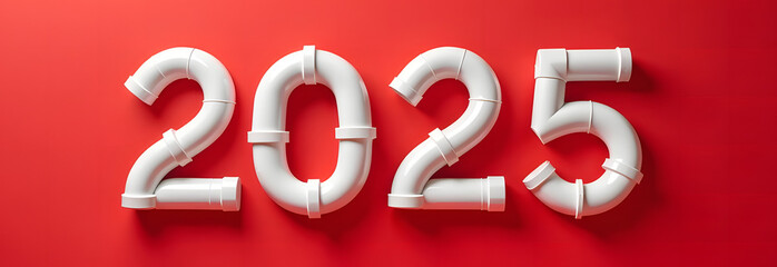 Mockup number 2025 made of white plastic water pipes on red background