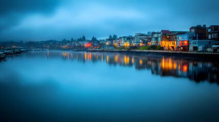 Obraz premium Waterfront Homes at Dawn, houses, sunrise, morning, lake, river