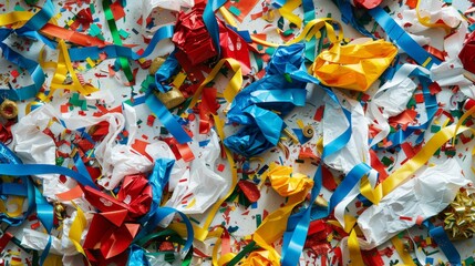 Vibrant aftermath of celebration  a realistic photo of a messy floor with wrapping paper and ribbons