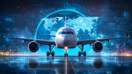 Fototapeta premium Airplane on Runway with Digital Earth Globe, aircraft, air travel, air transportation, global travel, international travel