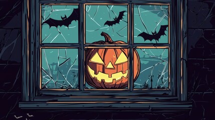 Spooky window with cracked glass and glowing pumpkin inside, bats fluttering outside, Halloween mystery