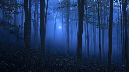 Fototapeta premium Blue Foggy Forest, trees, mist, nature, woodland, woods