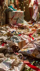 A realistic photo capturing the post celebration chaos of crumpled gift wrap and ribbons