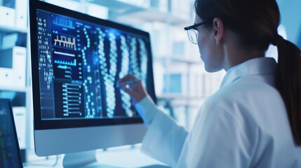 Fototapeta premium A medical researcher analyzing genetic data on a computer in a genetics laboratory against a futuristic, technological background, macro shot