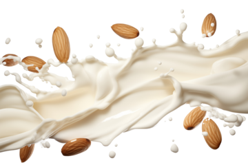 Close up view of creamy milk splashing with almonds, dynamic and fresh visual. combination on transparent background, for culinary healthiness theme
