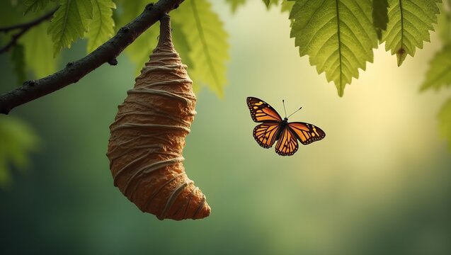 Symbol of rebirth empty cocoon  butterfly on branch