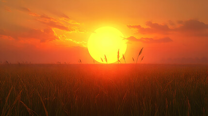 Fototapeta premium Sunset Over Grassy Field, sunrise, golden hour, sky, clouds, meadow