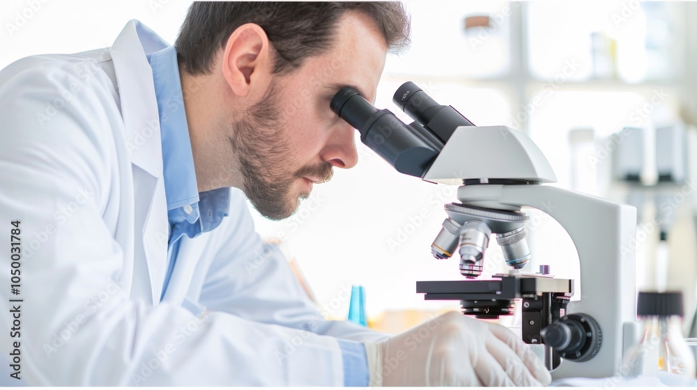 Poster A medical researcher examining slides under a microscope in a lab against a clean white background, macro shot, Minimalist style