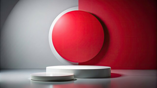 Modern 3D Realistic White Podium Stand with Red Circle Backdrop on Gray Background for Product Display, Presentation Showcase, or Event Promotion