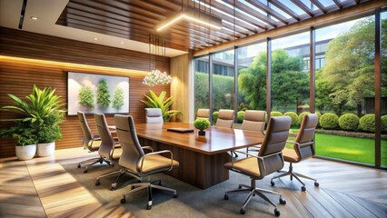 Fototapeta premium Modern Conference Room with Wooden Wall Decor and Expansive Windows Overlooking a Serene Garden - Elegant Office Furniture and Tranquil Atmosphere for Professional Meetings