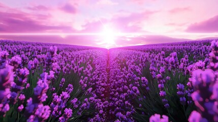 Obraz premium Endless lavender fields stretching into the horizon, with a soft pink sky adding a dreamy, romantic touch.