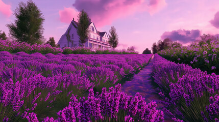 Endless lavender fields stretching into the horizon, with a soft pink sky adding a dreamy, romantic touch.