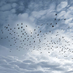 flock of birds flying against a cloudy sky during migration