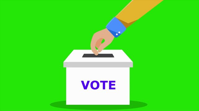Vote into a ballot box during elections. Casting a vote in ballot box. Putting paper in ballot box on green screen background
