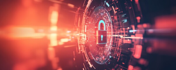 Obraz premium Digital padlock icon with abstract red and orange glowing circular interface. Cybersecurity and data protection concept